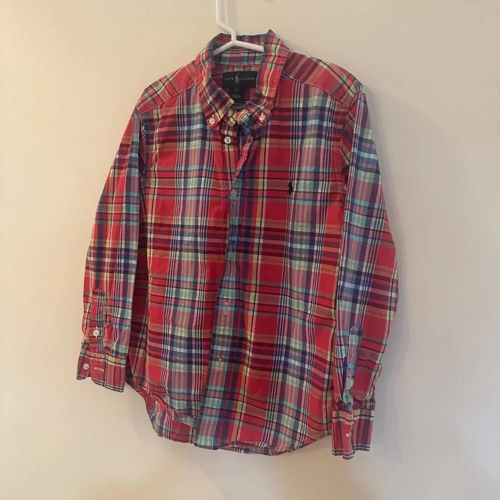 Ralph Lauren Red Plaid button down shirt sz 6 Polo Pony Logo Madras Plaid Oxford